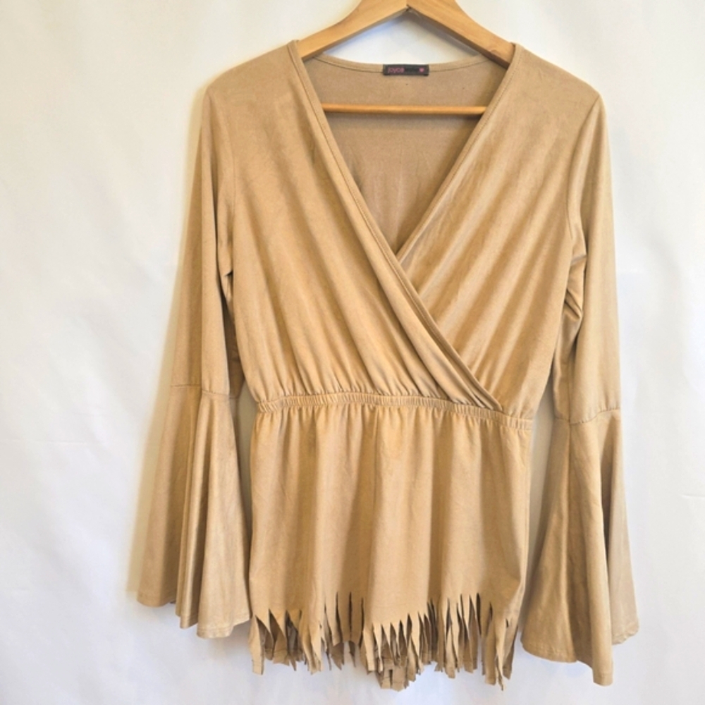 Joyce Leslie Tan Wrap Blouse with Fringe Hem